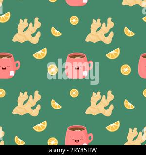 Seamless pattern cup of tea with lemon and ginger. treatment. home nursing Vector illustration Stock Vector