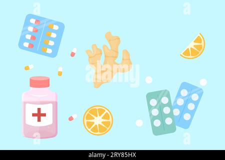 Set of flu and colds, medicines. Pills, Ginger, lemon, syrup, pills. clipart vector illustration Stock Vector