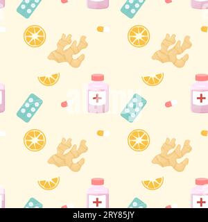 Seamless pattern of ginger tablets, syrup, lemon recovery and treatment. Vector illustration Stock Vector