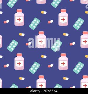 Seamless pattern pills, medicine, cough syrup. Treatment. on a blue background Stock Vector