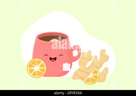 A cup of tea with lemon and ginger. treatment. home care Vector illustration Stock Vector