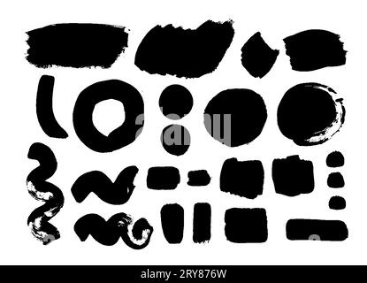 Set of strokes made with acrylic, real fluid strokes made by hand with a brush creating various forms; set of vectorized strokes in black color with a Stock Photo