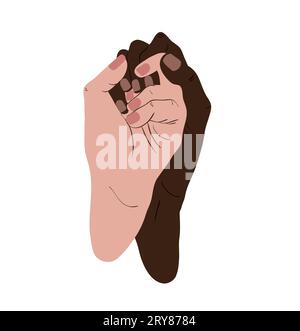 Illustration of intertwined hands vectorized. Sorority and diversity. Black skin and white skin hands. Concepts of love, tolerance, equality, unity, p Stock Photo