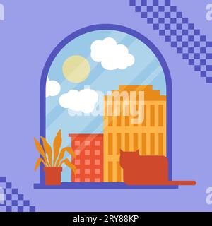 Vector flat window, cat sitting on the window sill, pot of flowers. Home comfort. Stock Vector