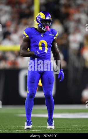 Los Angeles Rams linebacker Byron Young (0) runs during the first half of  an NFL preseason