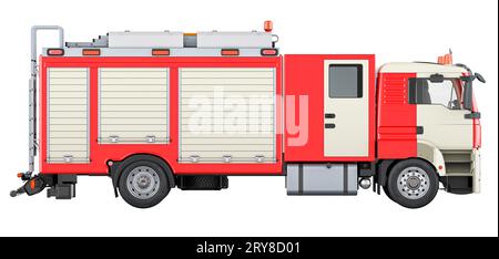 Fire engine truck, side view. 3D rendering isolated on white background Stock Photo