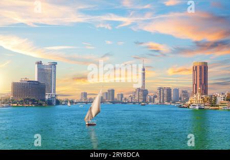 Aerial view of the downtown area of Cairo along the Nile River as ...