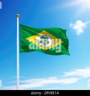 Waving flag of Ceara is a state of Brazil on flagpole with sky background. Stock Photo