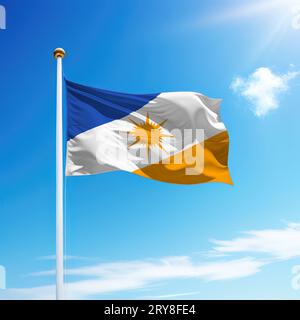 Waving flag of Tocantins is a state of Brazil on flagpole with sky background. Stock Photo