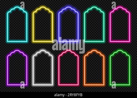 Neon shape Islamic door and window silhouette Glowing arabic arch. Collection of light portal in oriental style. Frames in Arabic Muslim design for Stock Vector