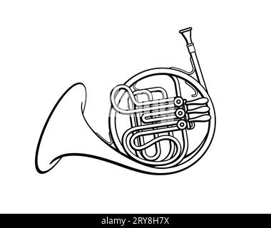 detailed classic frrench horn orchestral musical instrument black and white side view vector isolated on white background Stock Vector