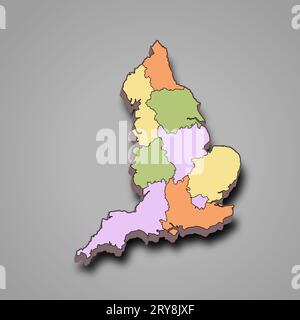 map of England with region.  England with borders of the stats and different colour.. Britain, United Kingdom, uk Stock Photo