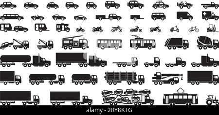 large collection set of simple vehicle black silhouette side view icon symbol vector isolated on white background Stock Vector