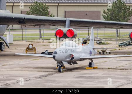 Kansas, SEP 16 2023 - Old US Air Force plane, the Lockheed T-33 show in Aviation Museum Stock Photo