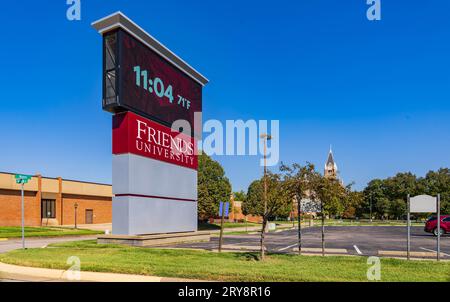 Kansas, SEP 17 2023 - Sunny view of the campus sign of Friends University Stock Photo