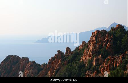 panorama at sunset of the mountains of Corsica In France called calanches Stock Photo