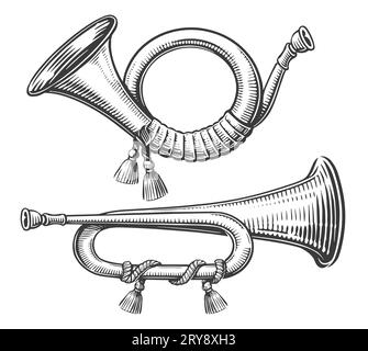 Retro Post horn. Hunting bugle sketch illustration in engraving style Stock Photo