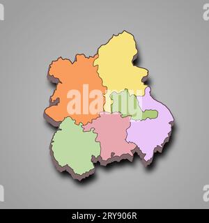 3d  map of West Midlands England is a region of England, with borders of the ceremonial counties and different colour. Stock Photo