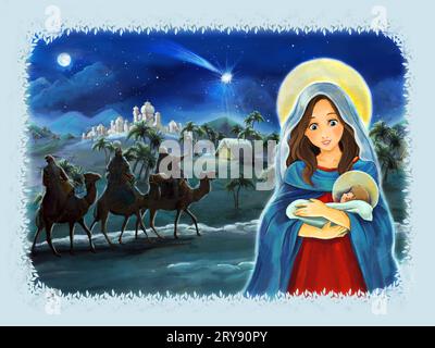 religious illustration three kings - and holy family - traditional scene - illustration for kids Stock Photo