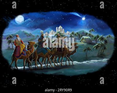 religious illustration three kings - and holy family - traditional scene - illustration for kids Stock Photo
