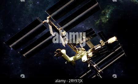 The International Space Station (ISS) is a space station, or a habitable artificial satellite, in low Earth orbit. Stock Photo