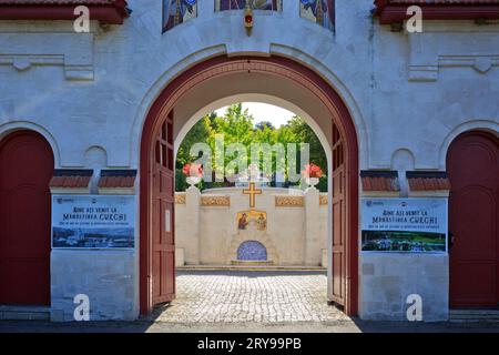 The main entrance (gatehouse) to Curchi Monastery (founded in 1773-1775) in Curchi (Vatici), Moldova Stock Photo