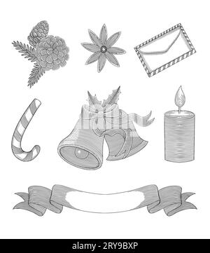 : christmas, engraved, sketch, vintage, bell, banner, present, drawn, vector, hand, xmas, gift, snowflake, year, new, tree, mistlotue, candle, decorat Stock Vector