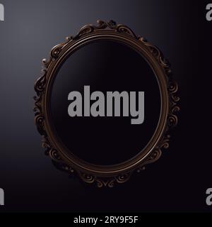 Black mirror. Dark mirror. Illustration of an oval gold frame on a black background with copy space Stock Vector