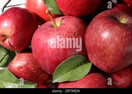 Ripe red apples with water drops and green leaves on table, closeup Stock Photo