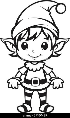 Colorless cartoon Christmas Elf. Black and white template page for coloring book with Santa Claus helper elf. Cute smiling gnome in costume Stock Vector