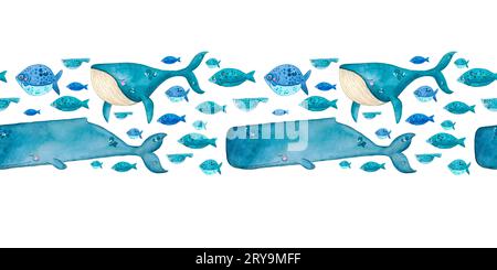Decorative rectangular seamless pattern consisting of watercolor illustrations on the theme of the sea. Stock Photo