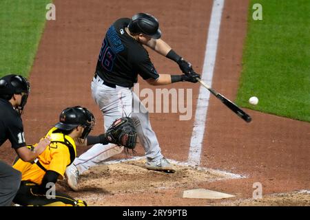 Miami Marlins' Jake Burger celebrates his home run during the third inning  of a baseball game against the Washington Nationals, Saturday, Sept. 2,  2023, in Washington. (AP Photo/Nick Wass Stock Photo - Alamy