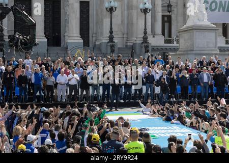 Buenos Aires, Argentina. 29th Sep, 2023. The General Confederation of Labor (CGT, in its spanish acronym) held a march to the Plaza de los Dos Congresos, in support of the current Minister of Economy and presidential candidate Sergio Massa, and the fundamental laws on the change of Earnings, Purchase without VAT and employment Mi Pyme, in Buenos Aires, Argentina on September 29, 2023. The pro-government social movements also participated. In the photo: Sergio Massa at the beginning of the event. (Photo by Esteban Osorio/Sipa USA). Credit: Sipa USA/Alamy Live News Stock Photo