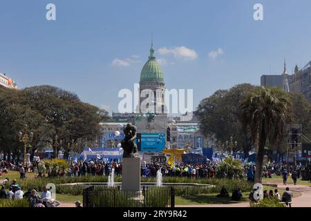 Buenos Aires, Argentina. 29th Sep, 2023. The General Confederation of Labor (CGT, in its spanish acronym) held a march to the Plaza de los Dos Congresos, in support of the current Minister of Economy and presidential candidate Sergio Massa, and the fundamental laws on the change of Earnings, Purchase without VAT and employment Mi Pyme, in Buenos Aires, Argentina on September 29, 2023. The pro-government social movements also participated (Photo by Esteban Osorio/Sipa USA). Credit: Sipa USA/Alamy Live News Stock Photo