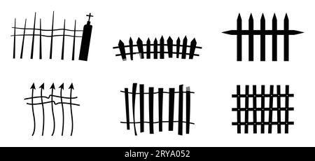 Set with spooky broken fence in simple silhouette style. Vector Halloween elements illustration. Cemetery gate collection of Halloween vector isolated Stock Vector