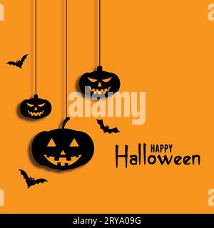 Halloween Party flyer vector illustration with scary faced pumpkins on orange background. Holiday design template with flying bats. Vector design Stock Vector