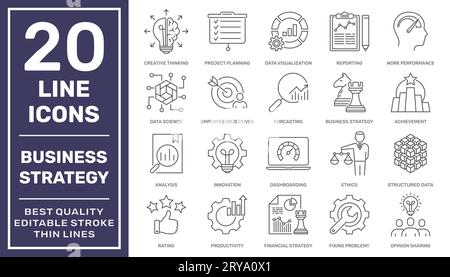 Business Strategy and Intelligence Line Icons Set. Search, Strategies, Marketing, Reports, Analysis and more. Vector Line icons Collection. Editable Stock Vector