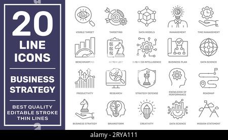 Business Growth, Business Intelligence and Strategy. Thin line vector icon set. Pixel perfect. Editable stroke. EPS 10 Stock Vector