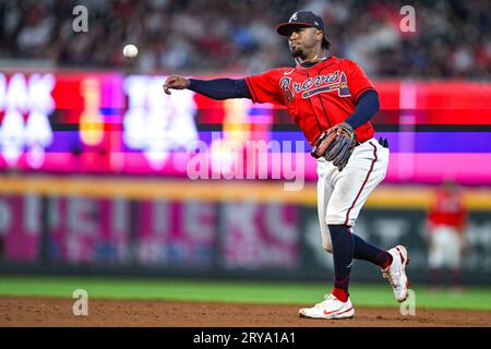 ATLANTA, GA - SEPTEMBER 02: Atlanta Braves All-Star second baseman Ozzie  Albies (1) fields a ground ball during the MLB game between the Atlanta  Braves and the Pittsburgh Pirates on September 2