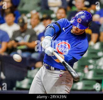 Milwaukee, United States. 29th Sep, 2023. Chicago Cubs left fielder Ian Happ hits a home run against the Milwaukee Brewers in the ninth inning of their baseball game at American Family Field in Milwaukee, Wisconsin on Friday, September 29, 2023. Photo by Tannen Maury/UPI Credit: UPI/Alamy Live News Stock Photo