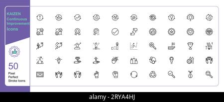 Kaizen business activities makes continuous improvement icon 50 set single stroke vector collection expandable and color changeable pixel perfect Stock Vector