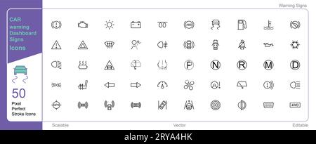 Car Dashboard warning signs and symbols icon 50 set single stroke vector collection expandable and color changeable pixel perfect arrow sets Stock Vector