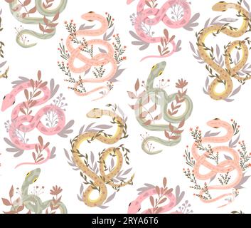 Vector seamless gentle pattern with snakes and stems on a white background. Animalistic pastel texture with curled serpents and herbs for wrapping Stock Vector
