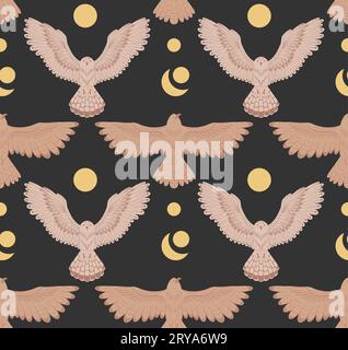 Vector flat texture owls and eagles with spread wings on dark background. Decorative seamless pattern with flying night birds and moon. Ornithological Stock Vector