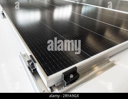 Solar panels mounted on the roof of a yacht. Stock Photo