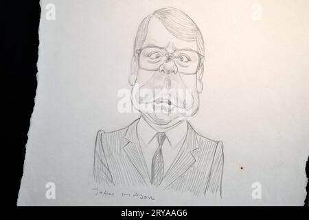 A caricature of former Prime Minister John Major during the preview for the Spitting Image exhibition at Cambridge University Library. The entire archive of satirical TV show Spitting Image has been donated to Cambridge University Library under the government's Cultural Gifts Scheme. Puppets from the programme, including of Margaret Thatcher, Princess Diana and the Queen Mother, are among the items to go on display in a free exhibition from Saturday. Picture date: Thursday September 28, 2023. Stock Photo