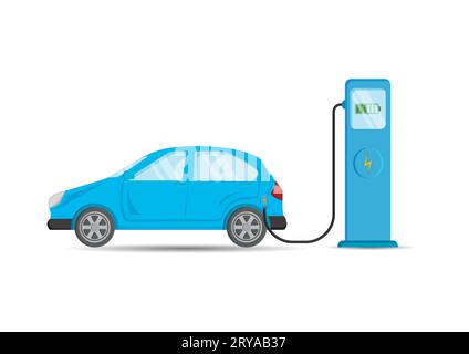 Blue Electric Car Charging at the Charger Station Vector Flat Design Stock Vector