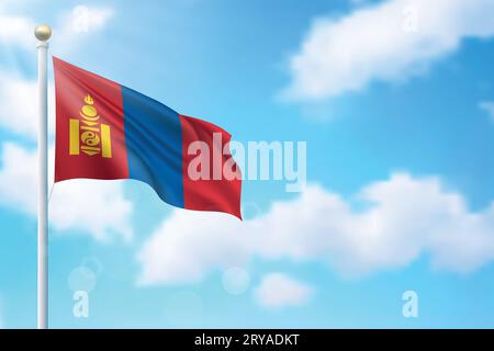 Waving flag of Mongolia on sky background. Template for independence day poster design Stock Vector
