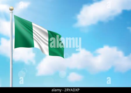 Waving flag of Nigeria on sky background. Template for independence day poster design Stock Vector