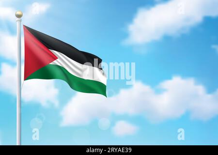 Waving flag of Palestine on sky background. Template for independence day poster design Stock Vector